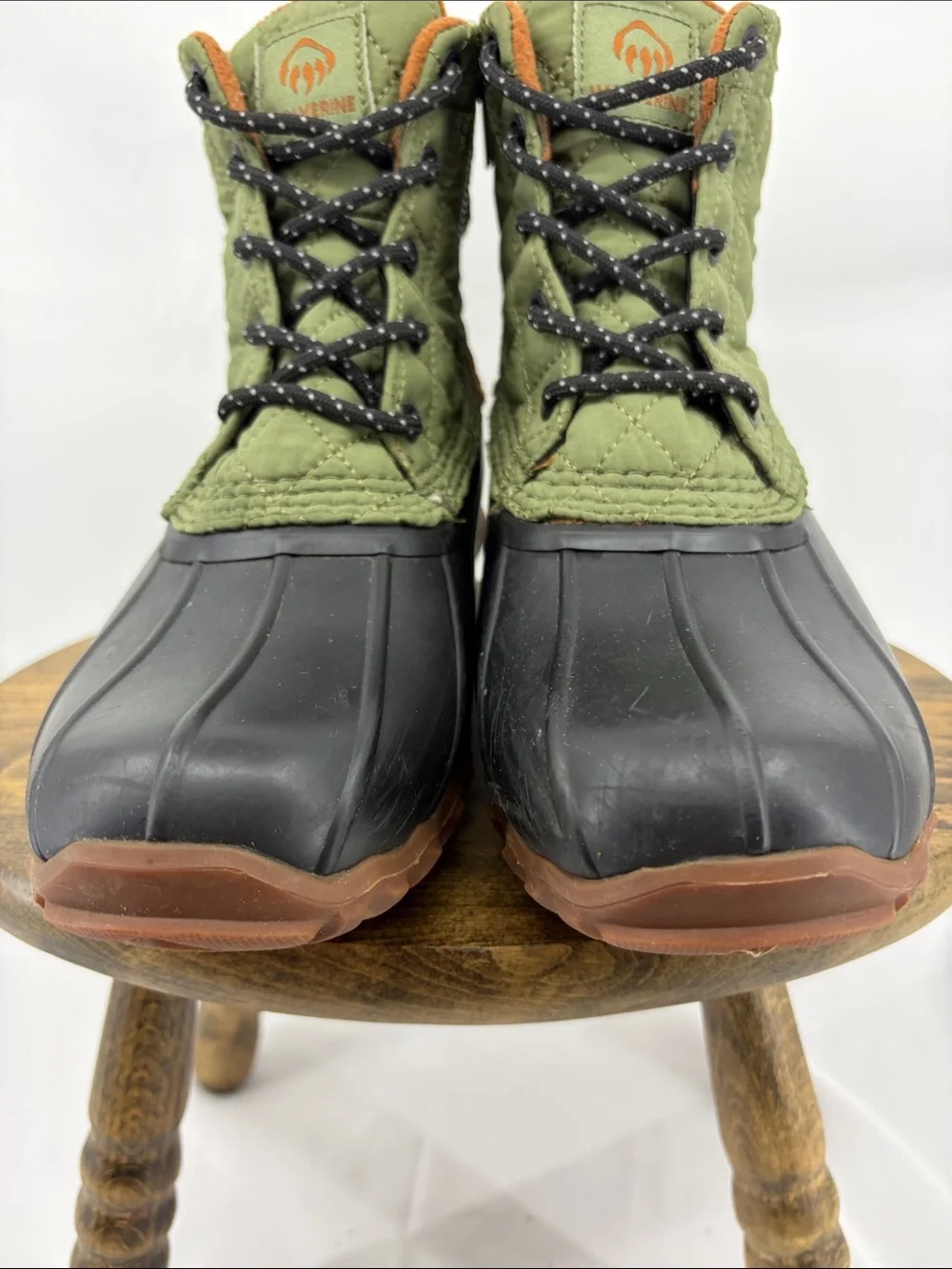 EUC Wolverine Womens Torrent Heritage Olive Quilted Side-zip Duck Boot, sz 8.5